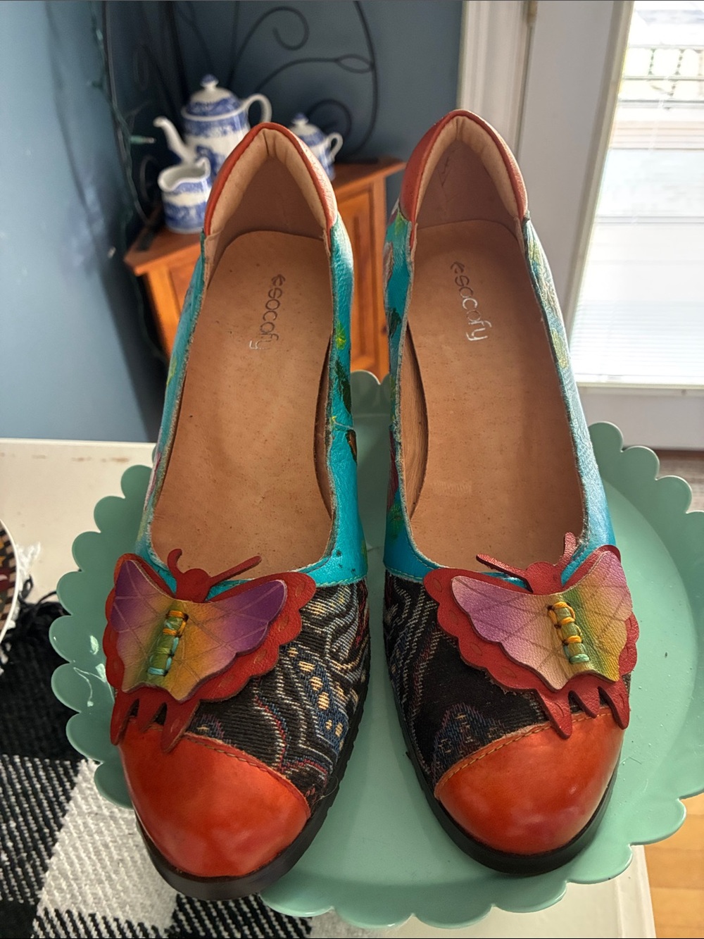 Socofy Turquoise Multi Butterfly Accent Women's Flats Size 39. - Picture 2 of 11